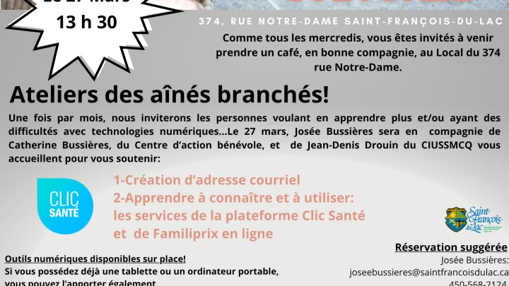 CAFÉ CULTURELS MERCREDI 27 MARS: ATELIERS DES AÎNÉS BRANCHÉS DÈS 13 H 30 AU LOCAL 374, RUE NOTRE-DAME.