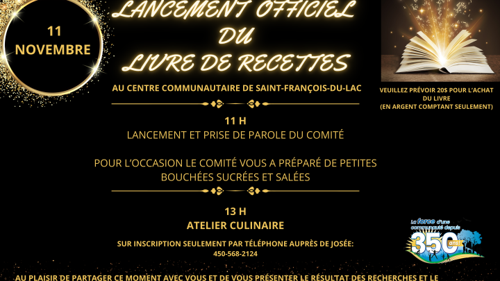 LANCEMENT OFFICIEL DU LIVRE DE RECETTES LE SAMEDI 11 NOVEMBRE À 11 H ET ATELIER CULINAIRE À 13 H