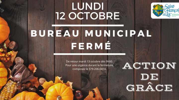 ACTION DE GRÂCE | LUNDI 12 OCTOBRE 2026 | BUREAU MUNICIPAL FERMÉ