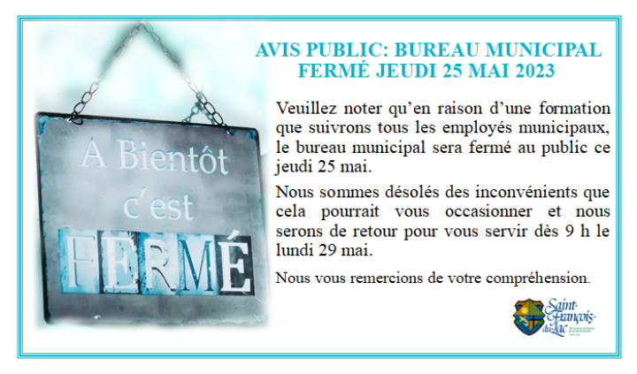 BUREAU MUNICIPAL FERMÉ LE JEUDI 25 MAI