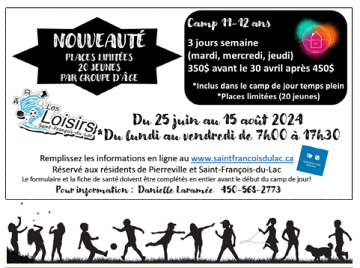 CAMP DE JOUR: DÉBUT DES INSCRIPTIONS: LUNDI 1er AVRIL!