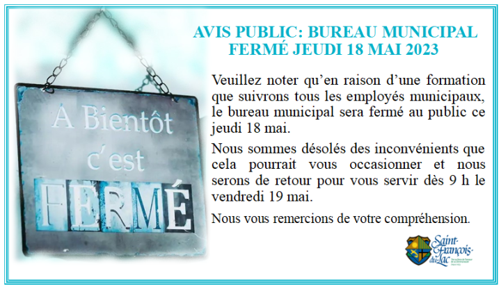 BUREAU MUNICIPAL FERMÉ LE JEUDI 18 MAI