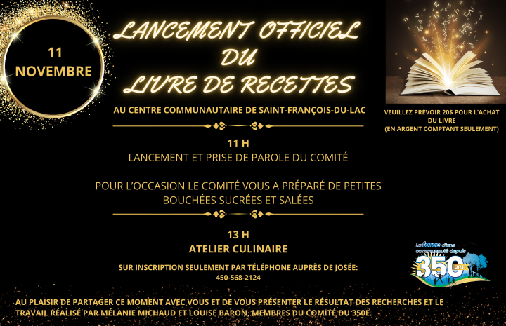 LANCEMENT OFFICIEL DU LIVRE DE RECETTES LE SAMEDI 11 NOVEMBRE À 11 H ET ATELIER CULINAIRE À 13 H