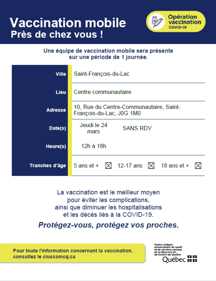 AVIS PUBLIC - VACCINATION MOBILE LE JEUDI 24 MARS 2022